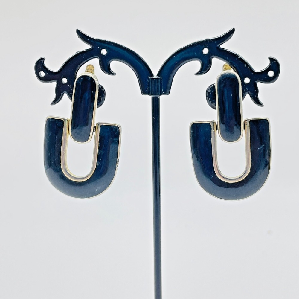 Signed Trifari Clip On Earrings Black Enamel Gold Tone Geometric Mod Vintage